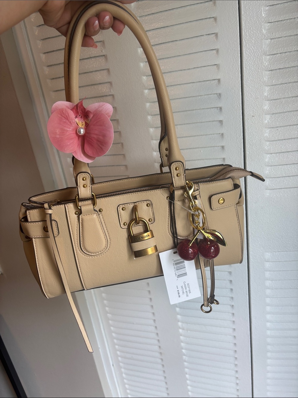 Steve Madden Satchel Bag NWT Cream Beige Gold Lock Charm Y2K Chic